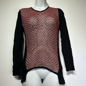 Helmut Lang red black open knit V-Neck sheer crepe gauze pullover Sweater Size P
